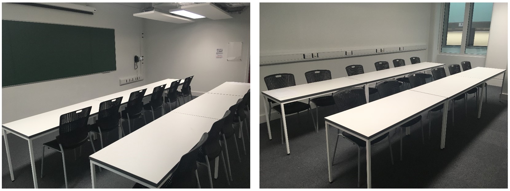 Tables and chairs in rows facing the teaching wall.